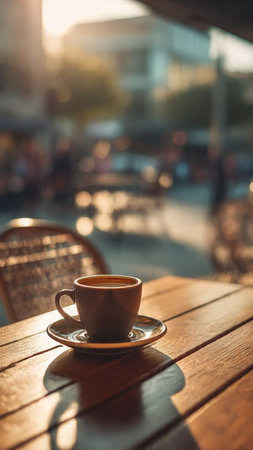Coffee cup on a wooden table in the city at sunsetの写真素材