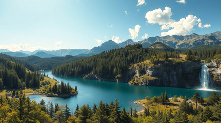Panoramic view of the turquoise lake in the mountainsの写真素材