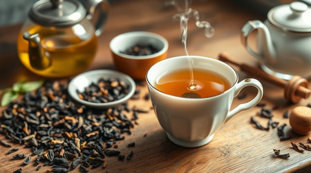 Cup of tea and teapot on wooden table, closeupの写真素材