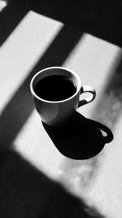 Coffee cup in the morning sunlight. Black and white.の写真素材