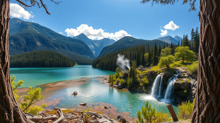 Scenic view of a mountain lake and waterfall in the Canadian Rockiesの写真素材