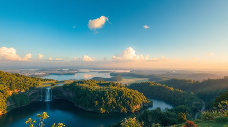Panoramic aerial view of a beautiful lake in the mountains at sunriseの写真素材