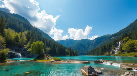 Beautiful mountain lake with clear turquoise water in the mountainsの写真素材