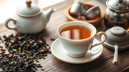 Cup of tea and teapot on wooden table, closeupの写真素材