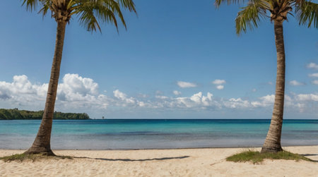 Tropical beach with coconut palm trees and turquoise waterの写真素材