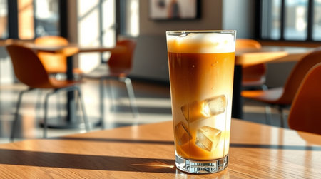 Glass of tasty ice coffee with ice cubes on table in cafe, closeup