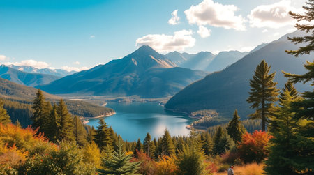 Beautiful autumn alpine landscape with lake, mountains and forest.の写真素材