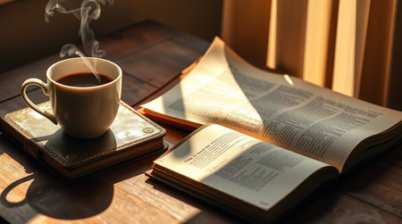 Cup of coffee and book on wooden table in morning light.の写真素材