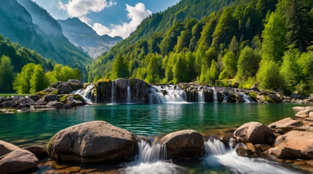 Panorama of a beautiful mountain lake in the Alps with a waterfallの写真素材