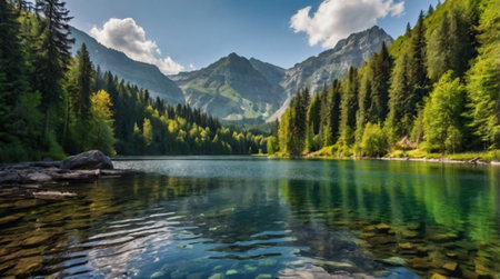 Panoramic view of the alpine lake Eibsee in Tyrol, Austriaの写真素材