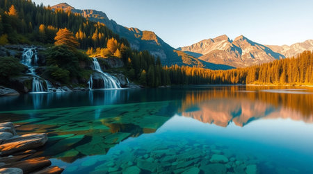 Autumn alpine lake at sunrise in Dolomites, Italyの写真素材