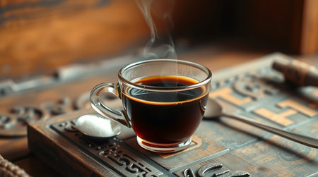 Cup of coffee on wooden table, closeup. Hot drinkの写真素材
