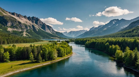 Aerial view of the river and mountains. Beautiful summer landscape.の写真素材