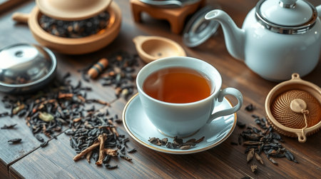Cup of tea and teapot on wooden table, closeupの写真素材
