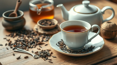 Cup of tea and teapot on wooden table, closeupの写真素材
