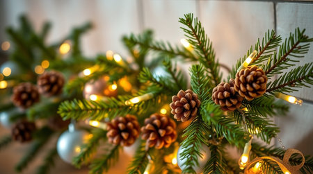 Christmas tree with pine cones and garland lights on wooden background.の写真素材