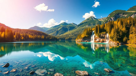 Beautiful alpine lake with crystal clear water and high mountains in the backgroundの写真素材