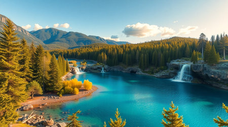 Panoramic view of beautiful turquoise alpine lake with waterfall in the mountainsの写真素材