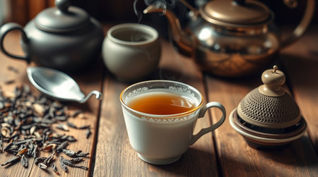 Cup of tea with teapot and cups on wooden tableの写真素材