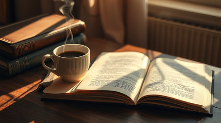 Coffee cup and books on the wooden table with sunlight.の写真素材