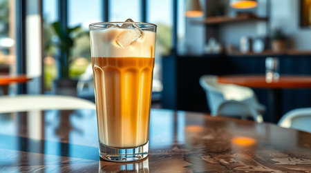 Glass of tasty latte macchiato on table in cafeの写真素材