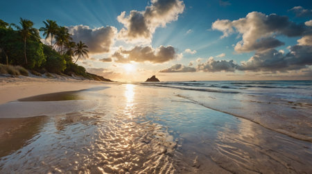 Tropical beach with palm trees at sunset, Seychellesの写真素材