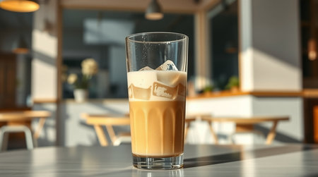Glass of tasty latte macchiato on table in cafeの写真素材