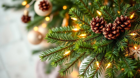 Christmas tree decorated with pine cones and garland lights. Christmas background.