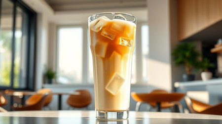 Glass of tasty ice coffee on table in cafe, closeup. Space for text