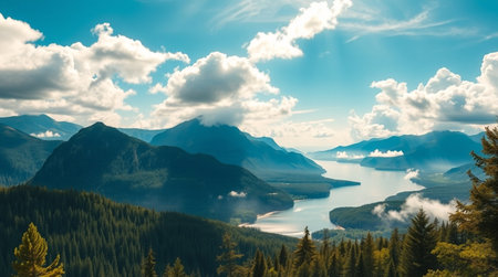 Panoramic view of Lake Louise in Banff National Park, Canadaの写真素材