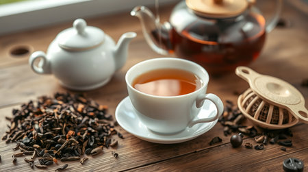 Cup of tea and teapot on wooden table, closeupの写真素材