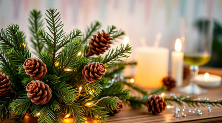 Christmas decoration with candles and fir tree branches on wooden table. Christmas background.の写真素材