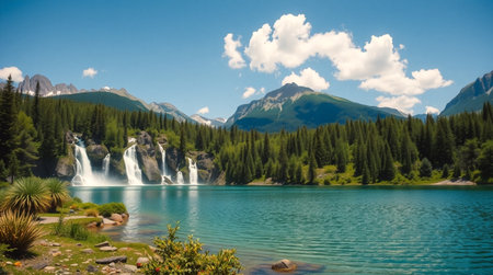 Waterfall in the mountains. Beautiful landscape with a lake and mountainsの写真素材