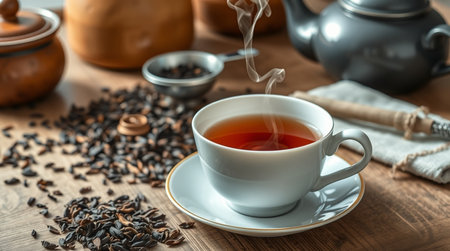 Cup of hot black tea with roasted coffee beans on wooden table