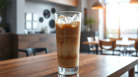 Iced coffee in glass on wooden table in cafe, closeupの写真素材