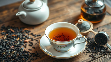 Cup of tea and teapot on wooden table, closeupの写真素材