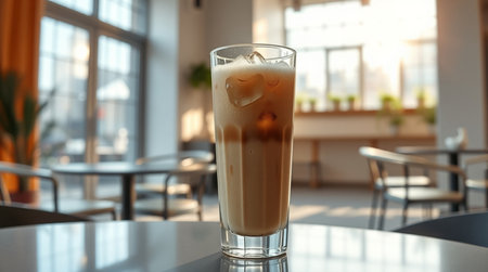Iced coffee in glass on table in coffee shop, closeupの写真素材