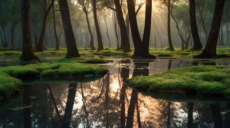 Pine forest with reflection in the lake at morning, Thailand.の写真素材