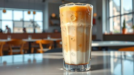 Iced latte coffee in a tall glass on the table.の写真素材