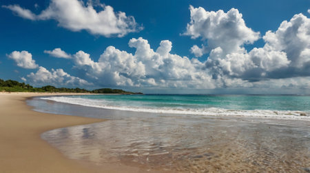 Panorama of a beautiful sandy beach on the Caribbean island of Barbadosの写真素材