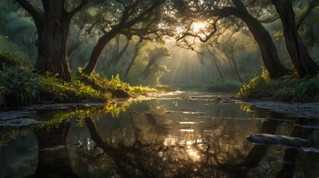 Sun rays shining through the branches of a tree reflected in the riverの写真素材