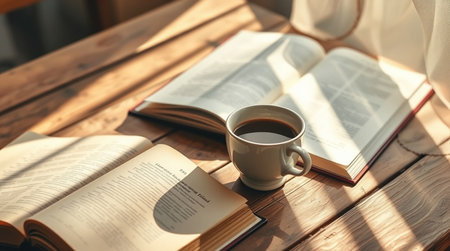 Cup of coffee and book on wooden table in morning sunlight.の写真素材