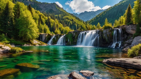 Waterfall in the mountains of the Julian Alps in Slovenia, Europeの写真素材