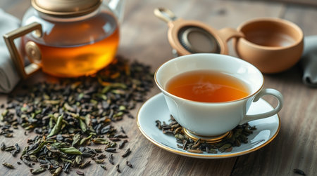 tea cup and teapot on wooden table, stock photoの写真素材