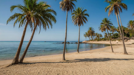 Coconut trees on the sandy beach in Guadeloupeの写真素材