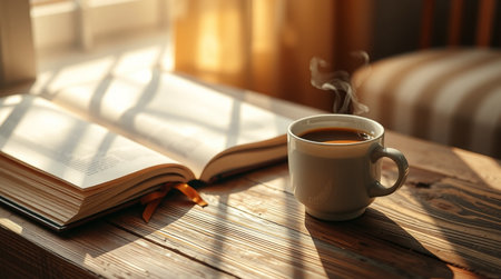Cup of coffee and book on wooden table in morning sunlight, closeupの写真素材