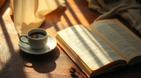 Cup of coffee with book on wooden table in morning sunlight.