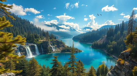 Panoramic view of beautiful turquoise lake in the mountains.