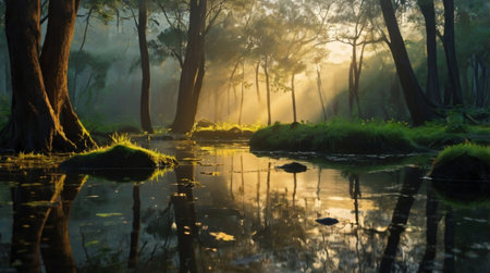 Morning fog in the forest with reflection of trees and grass in the waterの写真素材