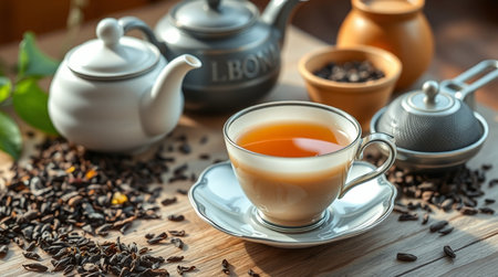 Cup of tea and teapot on wooden table, closeupの写真素材